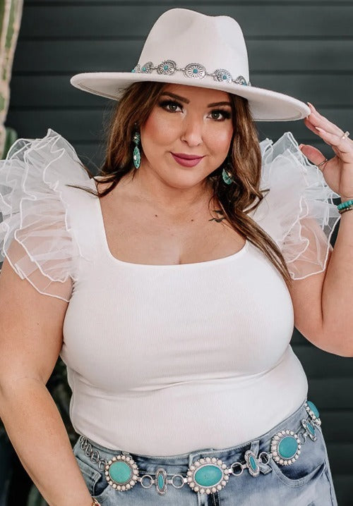 White Ribbed Puff Sleeves Plus Bodysuit Presale