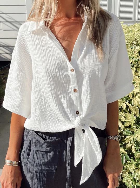 White Textured Knotted Blouse Presale