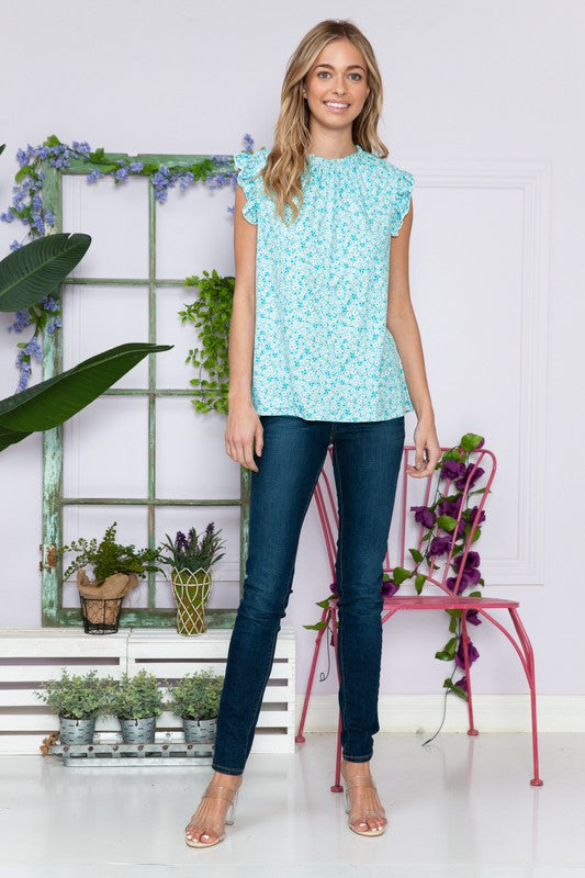 Plus Floral Sleeveless Ruffle Pleated Top