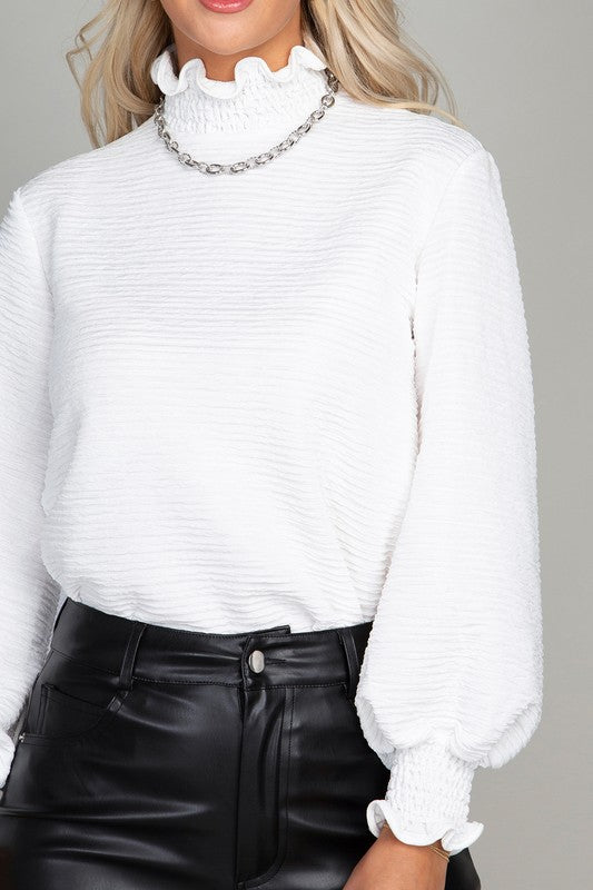 Ruffle Trim Mock Neck  Blouse