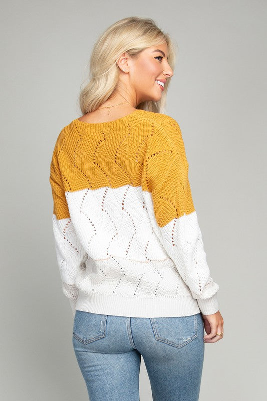 Yellow Color Block V neck Knit