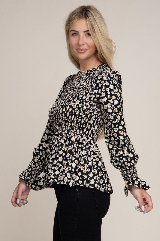 Allover Floral Shirred Peplum Blouse