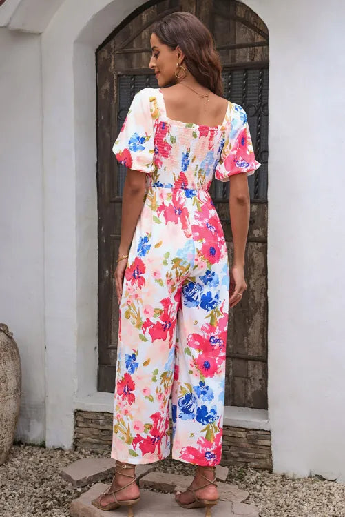 Floral Puff Sleeve Smocked Jumpsuit Presale