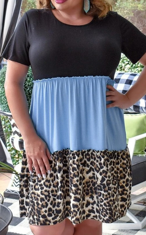Blue Colorblock Leopard Mini Dress Plus Size Presale