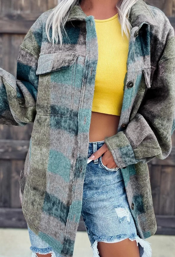 Multi Color Blue Plaid Pocket Checkered Shacket Presale