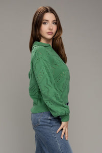 Green Hole Knit Collared Sweater