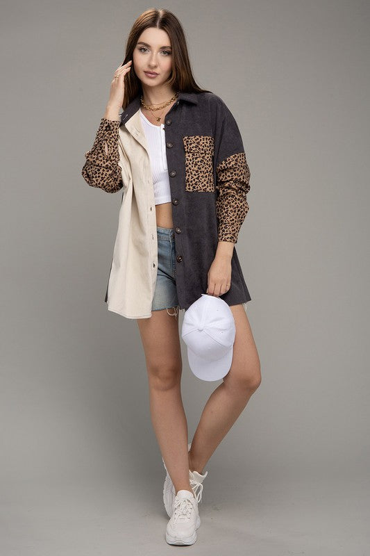Color Block Leopard Corduroy Shacket