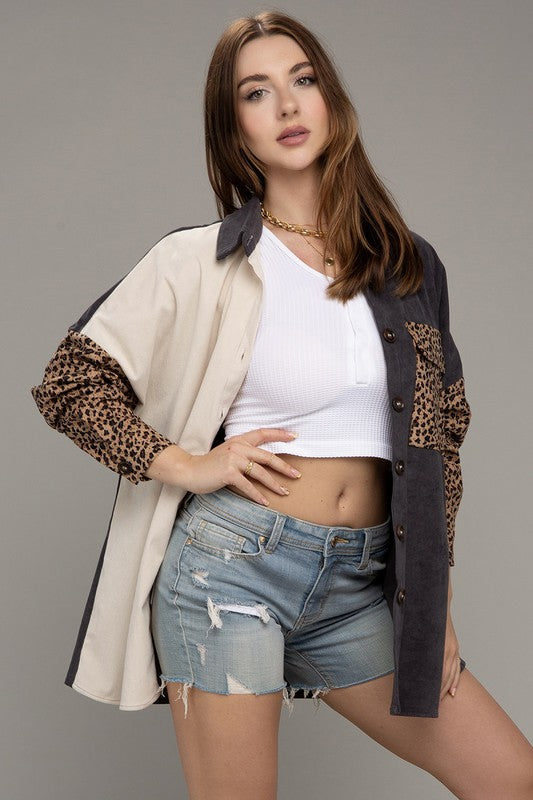 Color Block Leopard Corduroy Shacket