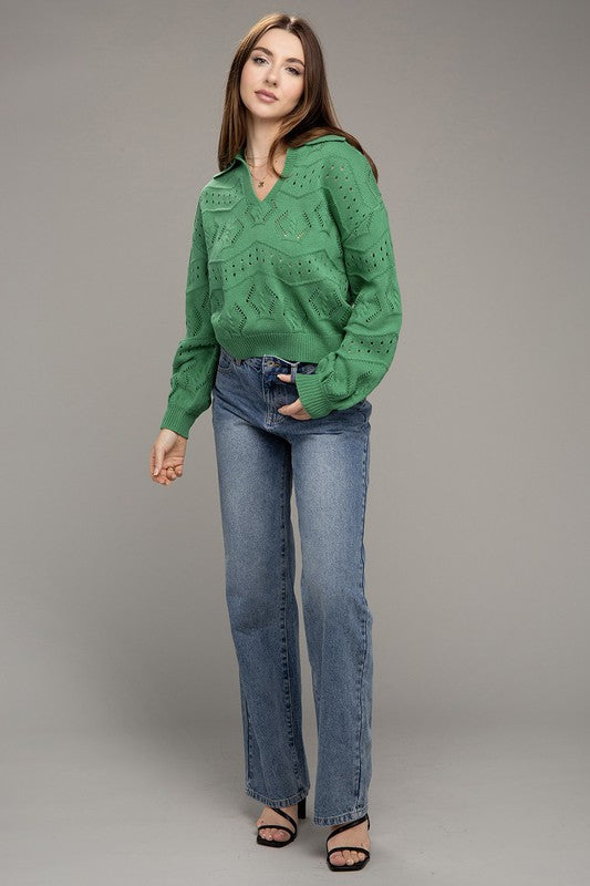 Green Hole Knit Collared Sweater