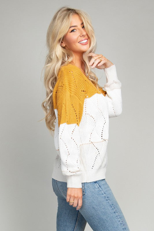 Yellow Color Block V neck Knit