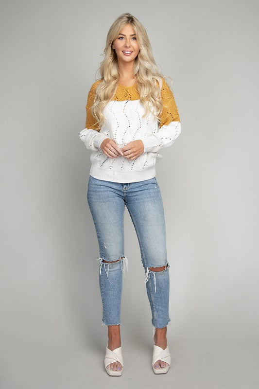 Yellow Color Block V neck Knit