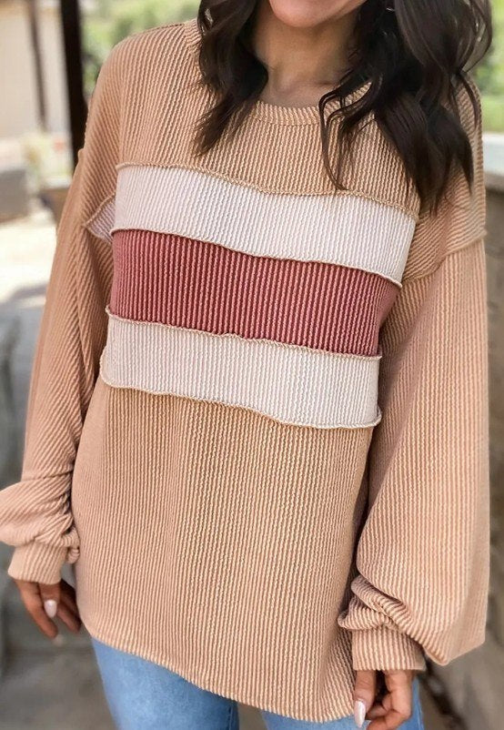Light French Beige Colorblock Rib Corded Sweatshirt Presale