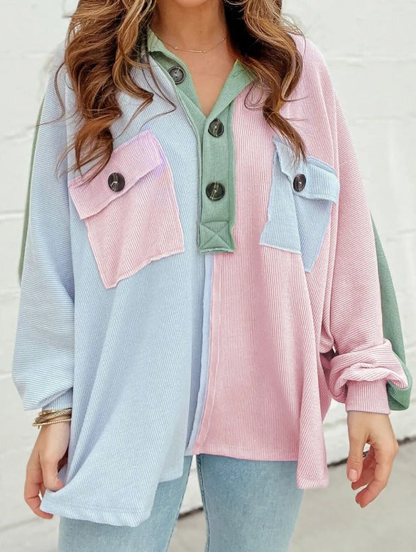 Exposed Seam Colorblock Ribbed Oversized Henley Top Presale