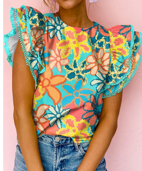 Green Vibrant Floral Trimmed Ruffle Blouse Presale
