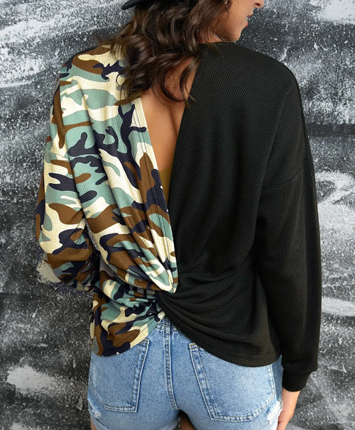 Camo Twist Back Waffle Knit Tops Presale