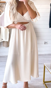 Beige Cut Out Puff Sleeve Dress Presale