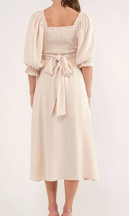 Beige Cut Out Puff Sleeve Dress Presale