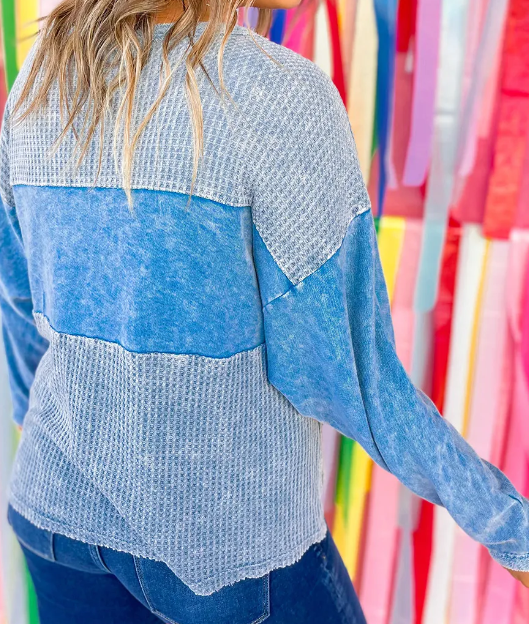 Plus Size Waffle Patchwork Top in Blue Presale