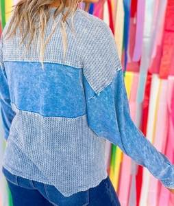 Plus Size Waffle Patchwork Top in Blue Presale