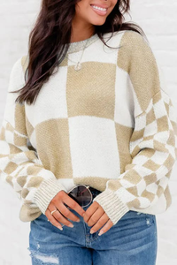 Khaki Checker Drop Shoulder Sweater Presale