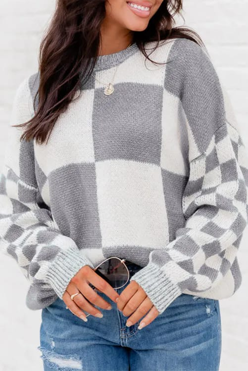 Gray Checker Drop Shoulder Sweater Presale