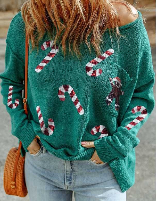 Sequin Candy Cane Gingerbread Man Sweater Presale – Happy Lily