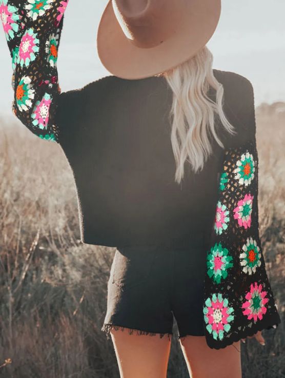 Black Floral Crochet Balloon Sleeve Sweater Presale