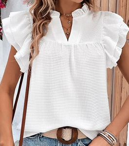 White Waffle Flutter Neck Tops Presale