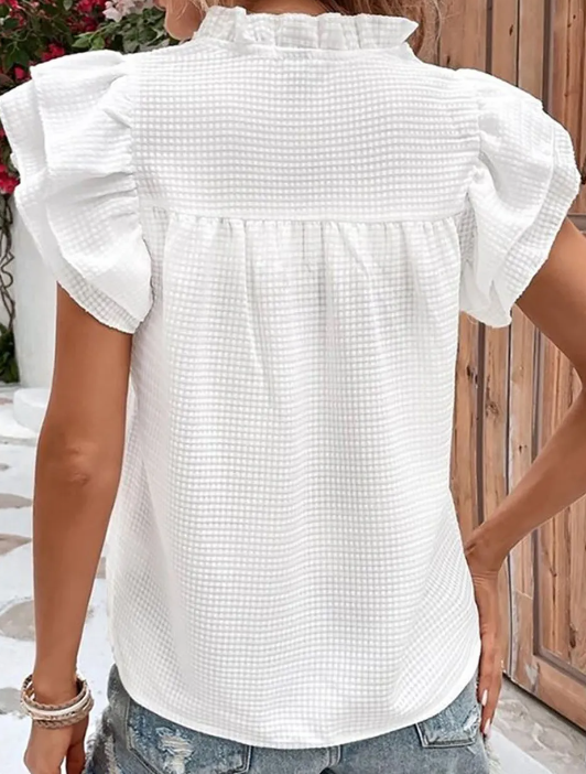 White Waffle Flutter Neck Tops Presale