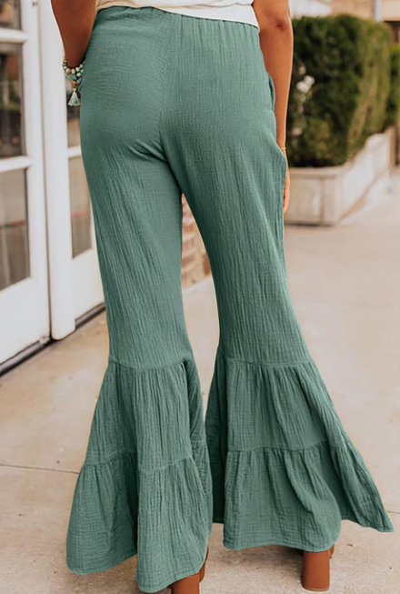 Green Textured High Waisted Bell Bottom Pants Presale