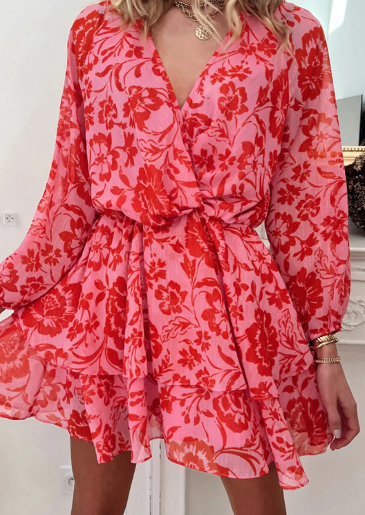 Red floral puff sleeve dress Presale