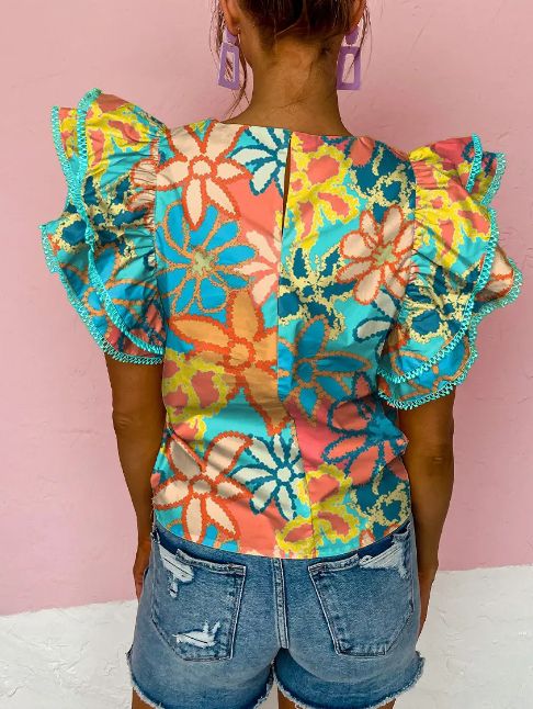 Green Vibrant Floral Trimmed Ruffle Blouse Presale