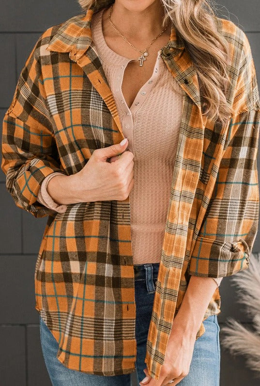 Orange Drop Shoulder Plaid Shirt Presale