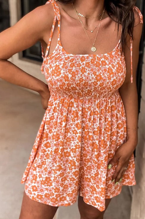 Orange Thin Strap Floral Romper