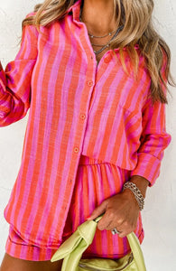 Orange and Pink Stripe Collar Top & Shorts Set Presale