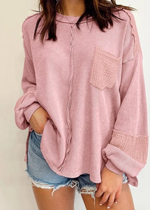 Pink Exposed Seam Patchwork Bubble Sleeve Waffle Knit Top Presale