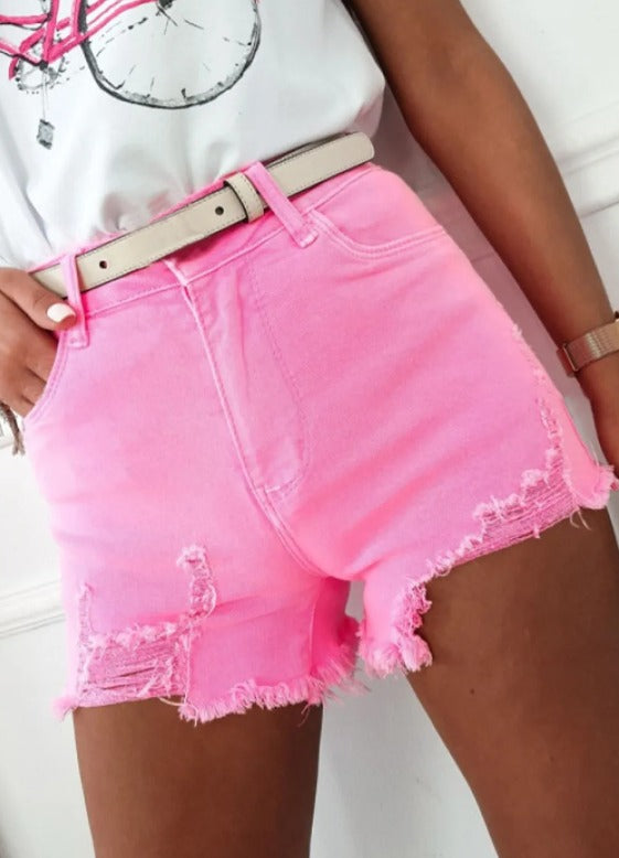 Pink High Waisted Distressed Denim Shorts Presale