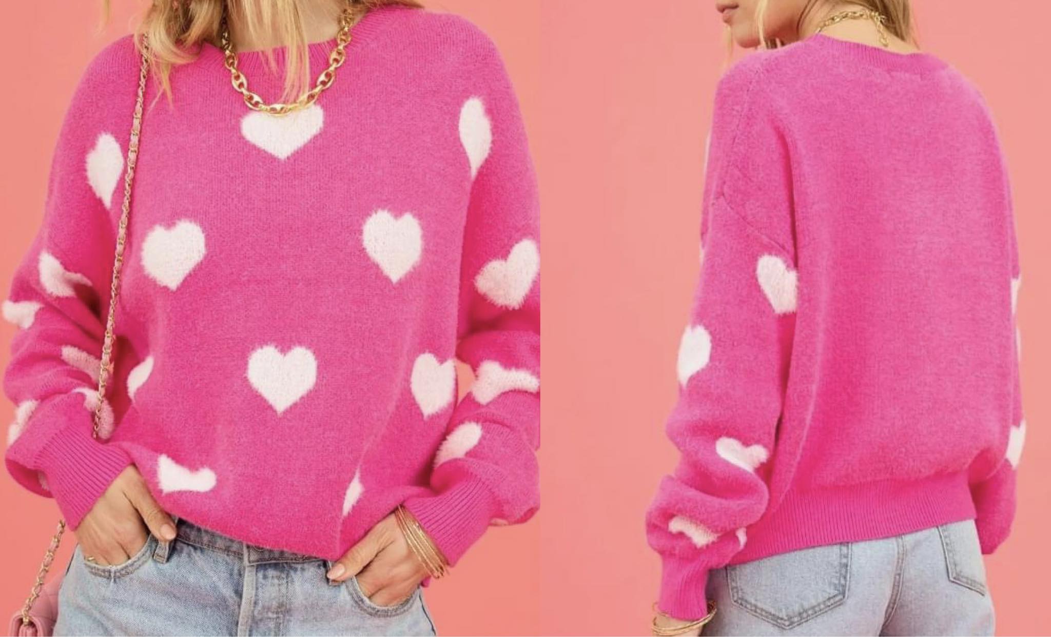 Bright Pink Fuzzy Valentine Hearts Drop Shoulder Sweater Presale $26