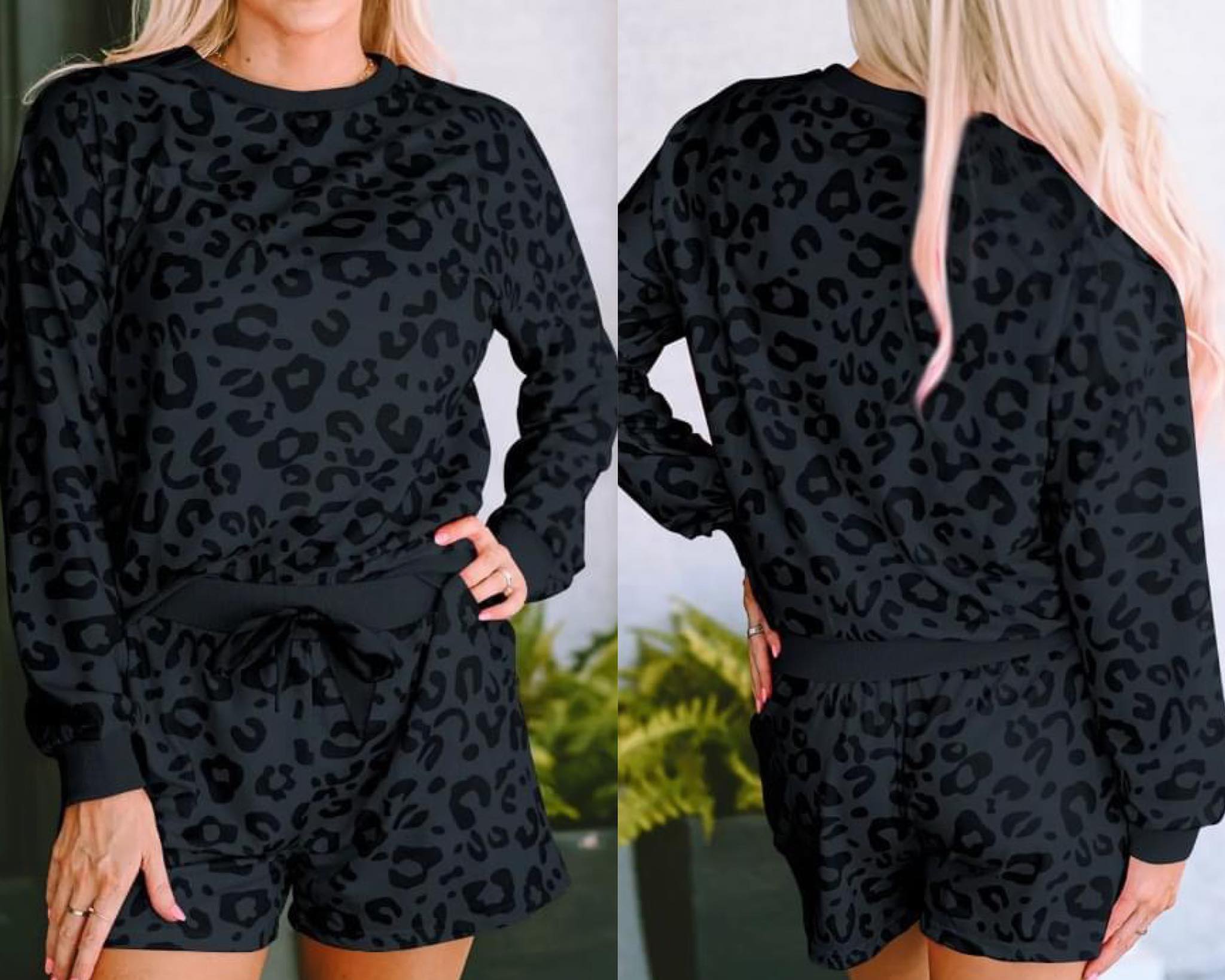 Printed Leopard Long Sleeve Satin Tie Shorts Two Piece Set Presale