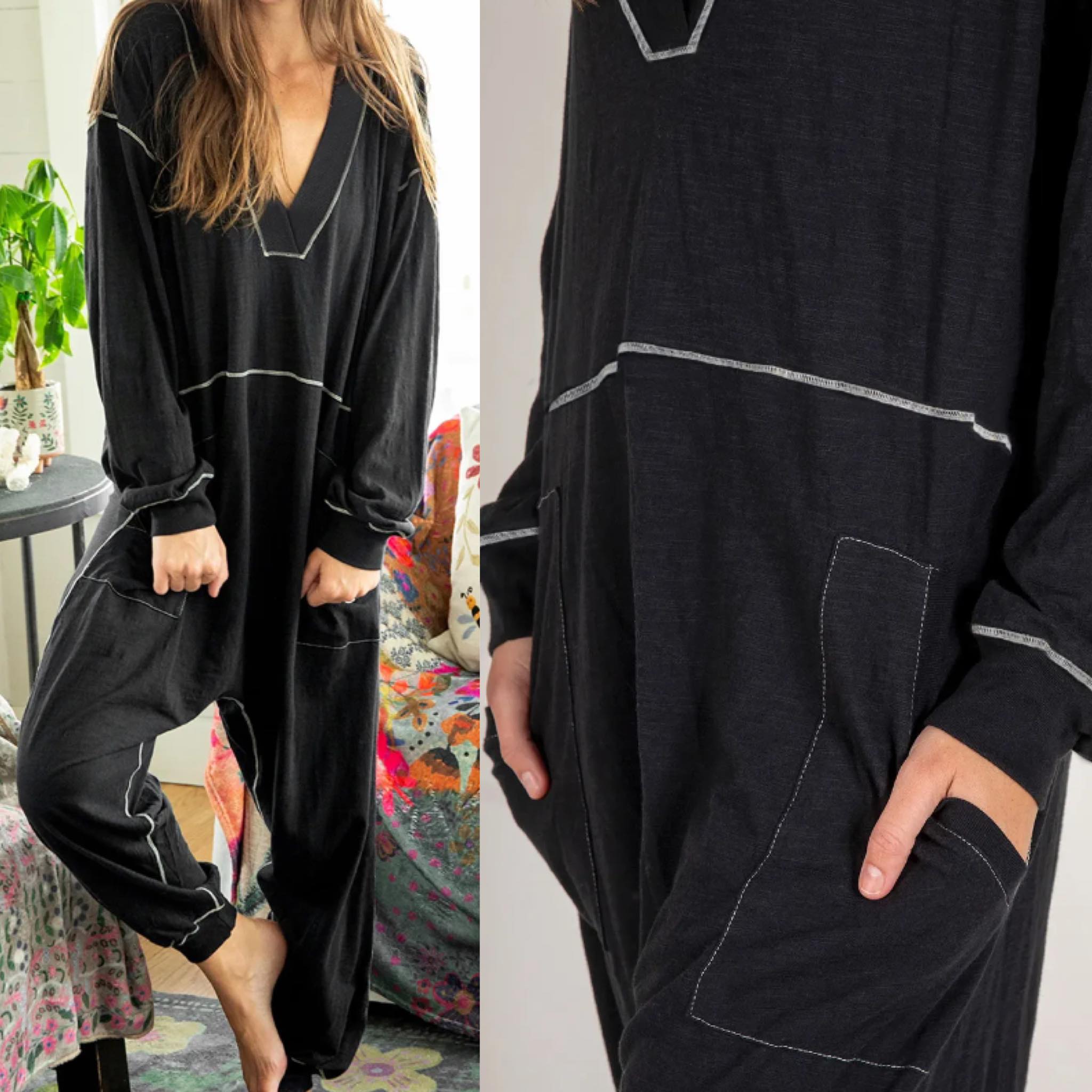 Seam Detail V Neck Baggy Jumpsuit Presale