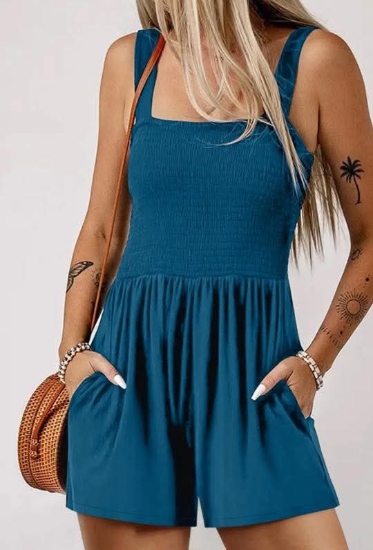 Blue Casual Pocketed Smocked Sleeveless Romper Presale
