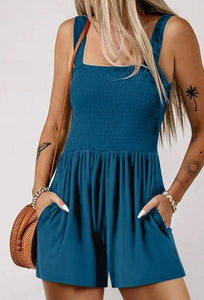 Blue Casual Pocketed Smocked Sleeveless Romper Presale
