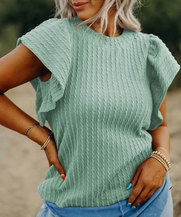 Jade Solid Color Textured Flutter Sleeve Top PRESALE