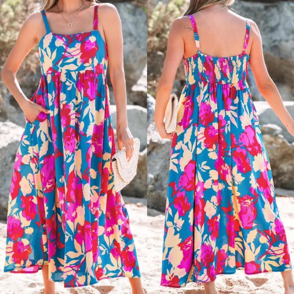 Floral High Waist Sleeveless Flared Long Dress Presale