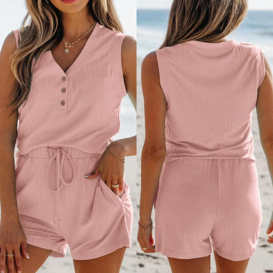 Pink Ribbed Button V Neck Tank Top and Shorts Set Presale