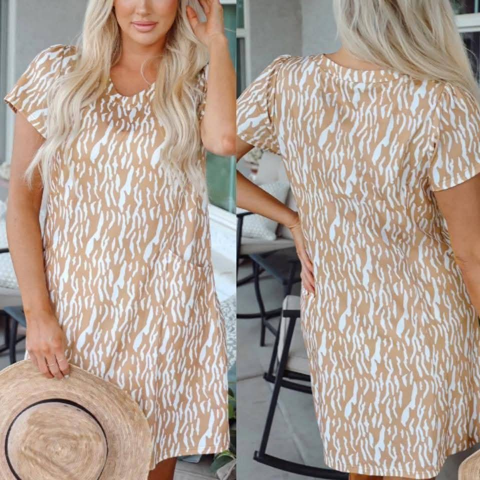Khaki Abstract Print V Neck Short Sleeve Shift T Shirt Dress Presale