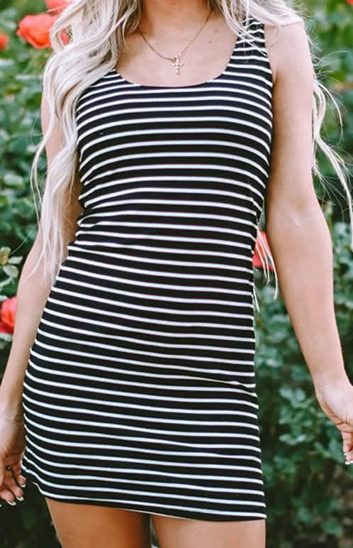 Black Stripe Ribbed Knit Sleeveless Mini Dress Presale