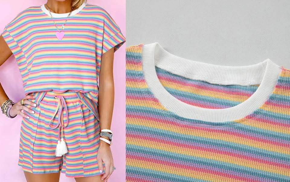 Pink Stripe Crew Neck Tee and Tasseled Drawstring Shorts Set Presale