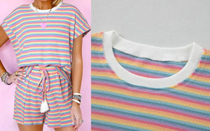 Pink Stripe Crew Neck Tee and Tasseled Drawstring Shorts Set Presale