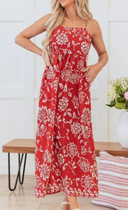 Red Floral Printed Spaghetti Strap Empire Waist Maxi Dress Presale